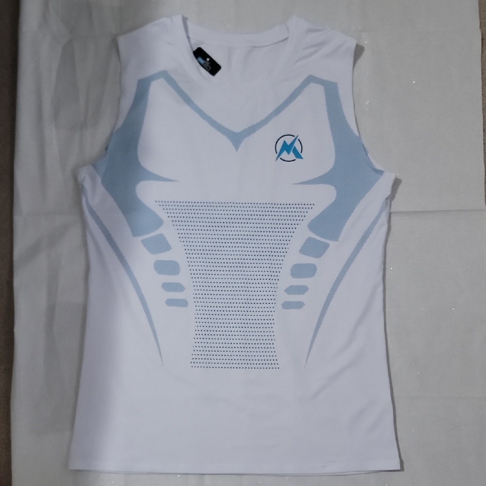 Men's White and Blue Sleeveless Shirt